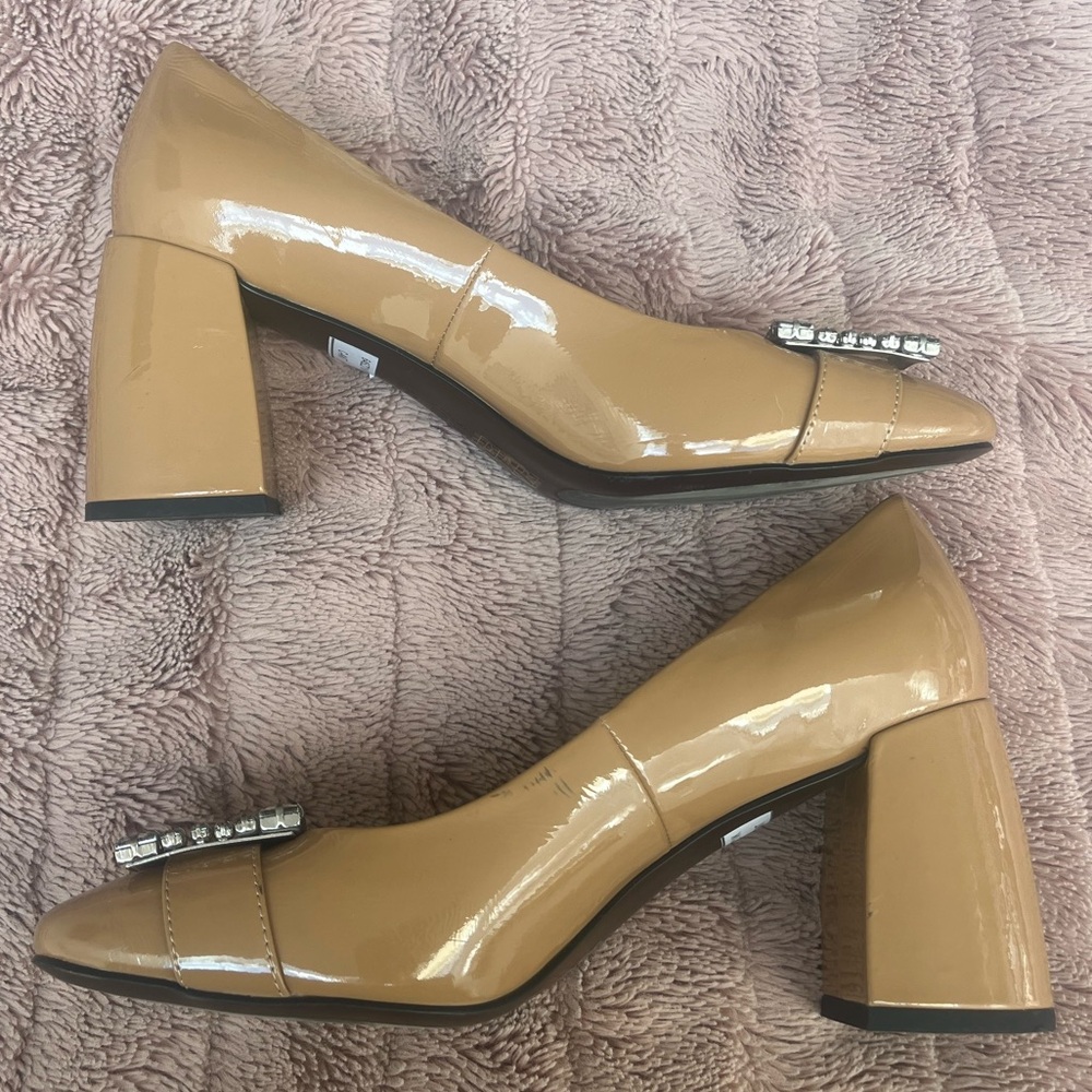 Tan Block Heel Pumps with Square Toe and Rhinestone Embellishments